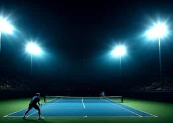 Campo da tennis notturno con riflettori eccessivi che causano inquinamento luminoso