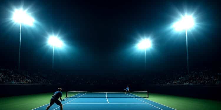 Campo da tennis notturno con riflettori eccessivi che causano inquinamento luminoso